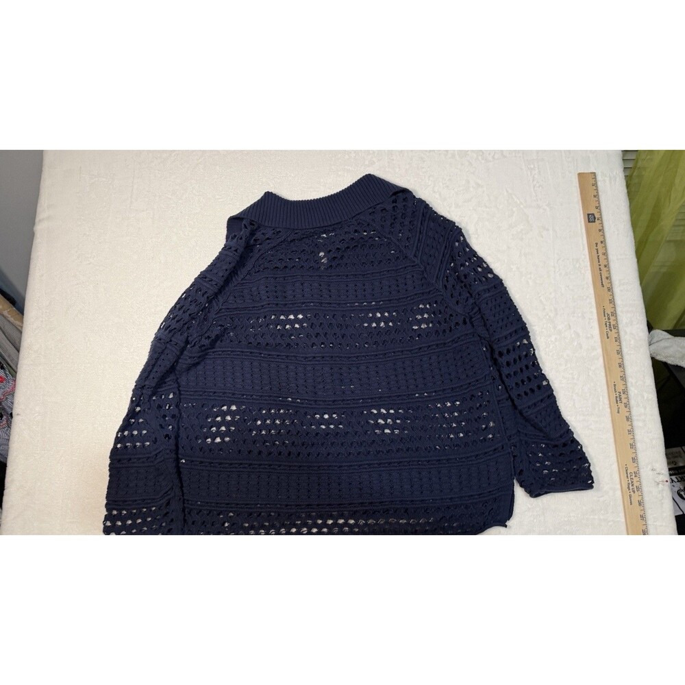 Sundance XL Navy Blue Pointelle Knit Polo Sweater Long Sleeve Boho Crochet Top